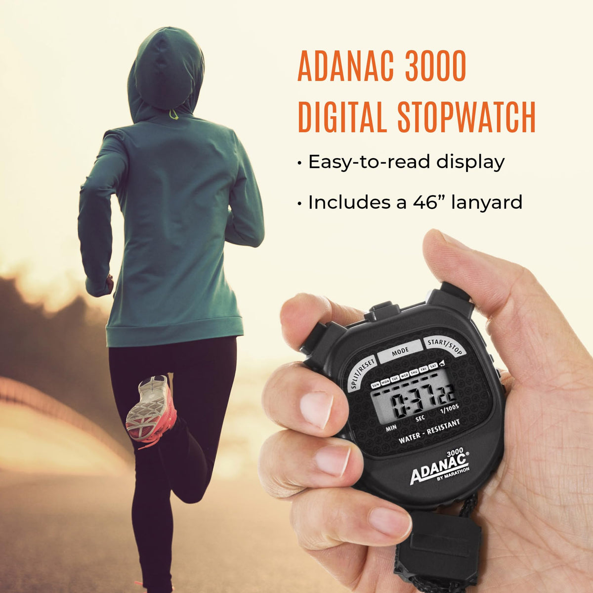 Marathon Adanac 3000 Digital Stopwatch Timer, Neon Green - High Precision Accuracy to 1/100th Seconds - Water, Dust & Shock Resistant - 46” Lanyard Included