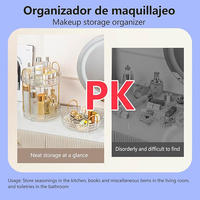 Rotating 2-Tier Makeup Organizer, Large-Capacity Storage with Brush Holder, Perfect for Vanity & Countertop