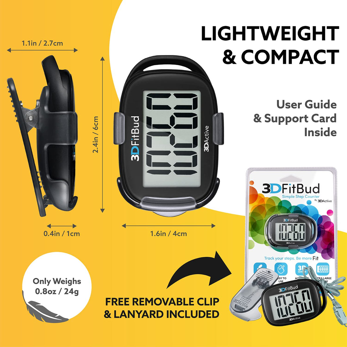 3DFitBud Simple Step Counter Walking 3D Pedometer by 3DActive with Clip, Lanyard Accurate Step Tracker Large Display, Easy to Use for Kids Men Women Adult Seniors Daily Step Tracking - A420S - Black