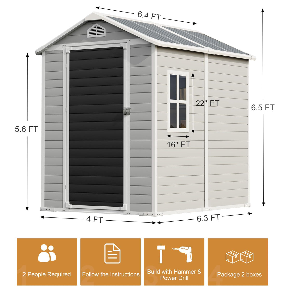 WELYAS 8x6 FT Resin Storage Shed with Floor Windows Lockable Double Door Vents, Large Waterproof Plastic Garden Sheds for Outdoor Backyard Storage Tools Lawnmover, Gray