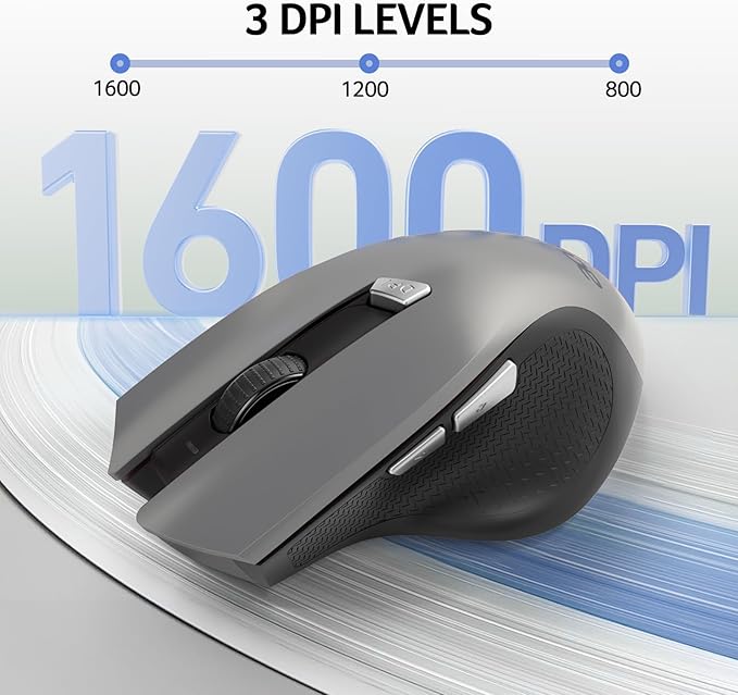 acer Wireless Mouse for Laptop, 2.4GHz Computer Mouse 3 Adjustable DPI Office Cordless USB Mice with USBA Receiver, 6 Buttons, 1600 DPI, Medium to Large Sized Hands (Grey)