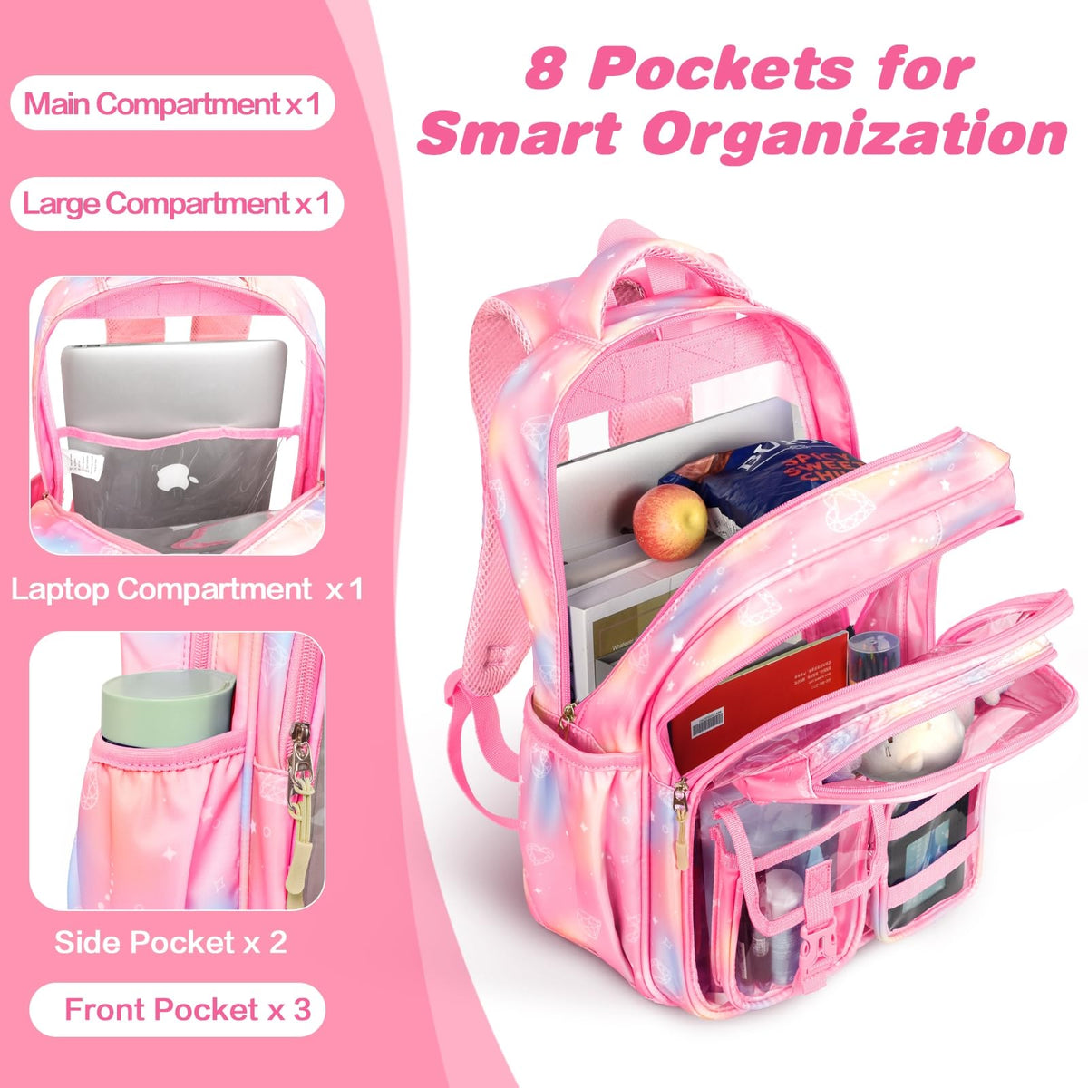 PAMANO Clear Backpack for Girls, Heavy Duty Transparent Bookbag for Kids, See Through Cute Backpacks for Elementary Primary School Work Sport Travel - Pink