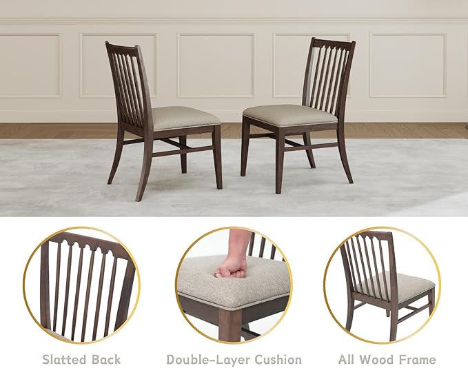 chairus Upholstered Kitchen Chairs Set of 2, Walnut Wooden Barrel Dining Chairs with Slat Back Double-Layer Cushion Farmhouse Accent Chairs for Dining Room/Living Room/Restaurant, Chenille Brown