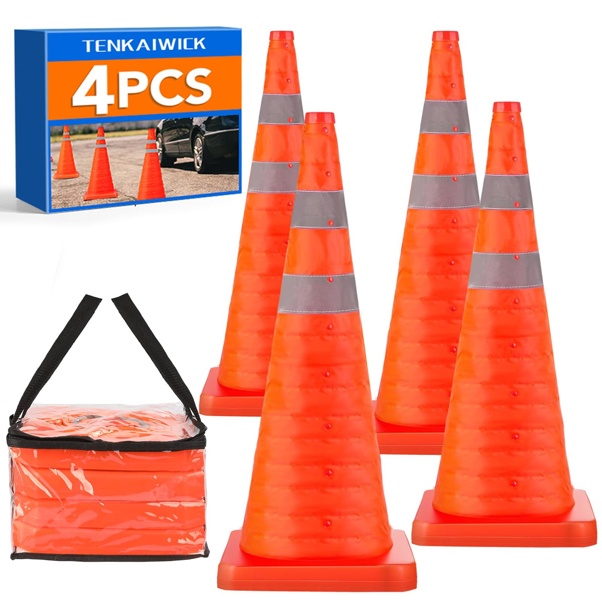 TENKAIWICK 28 Inch 4 Pack Traffic Cones with Storage Bag, Collapsible Safety Cones, Multi Purpose Pop-up Cones with Reflective Collar, Orange Cones for Parking lot, Driveway, Driving Training etc