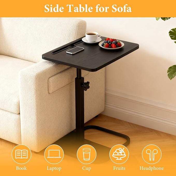 jessie Tv Tray Table, Adjustable Tray Table for Couch 360° Swivel C Shaped End Table with Phone Tablet Slot for Living Room, Sofa, Bedside, Bathroom (Black)