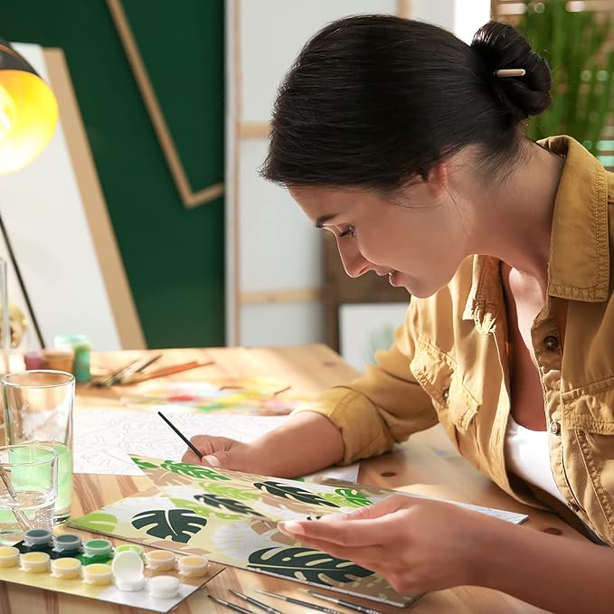 ARTEZA Paint by Numbers Kit, 12x16 Inches, 21 Pieces, Monstera Canvas Painting Kit, Canvas Panel, 12 Acrylic Paint Pots, 5 Paintbrushes, Art Supplies for a Meditative and Calming