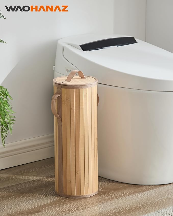 Bamboo Toilet Paper Storage Basket with Lid & Handle - 10L Handwoven Bathroom Organizer for 4 Rolls - Sturdy Stand Holder for Toilet Paper Organization, Natural