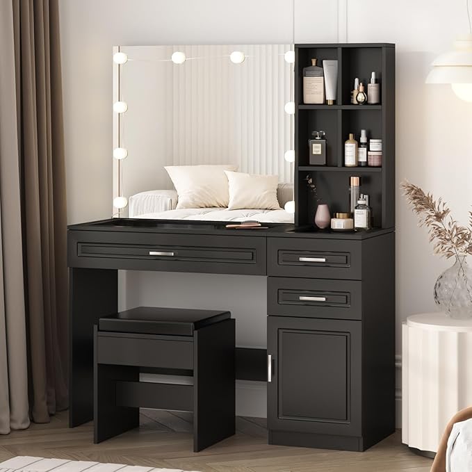 Vabches Vanity Desk with Lights and Mirror,Black Makeup Desk with 3 Drawers & Storage Cabinet & Shelves,Glass Top Vanity Table Set with 3 Lighting Modes Adjustable Brightness