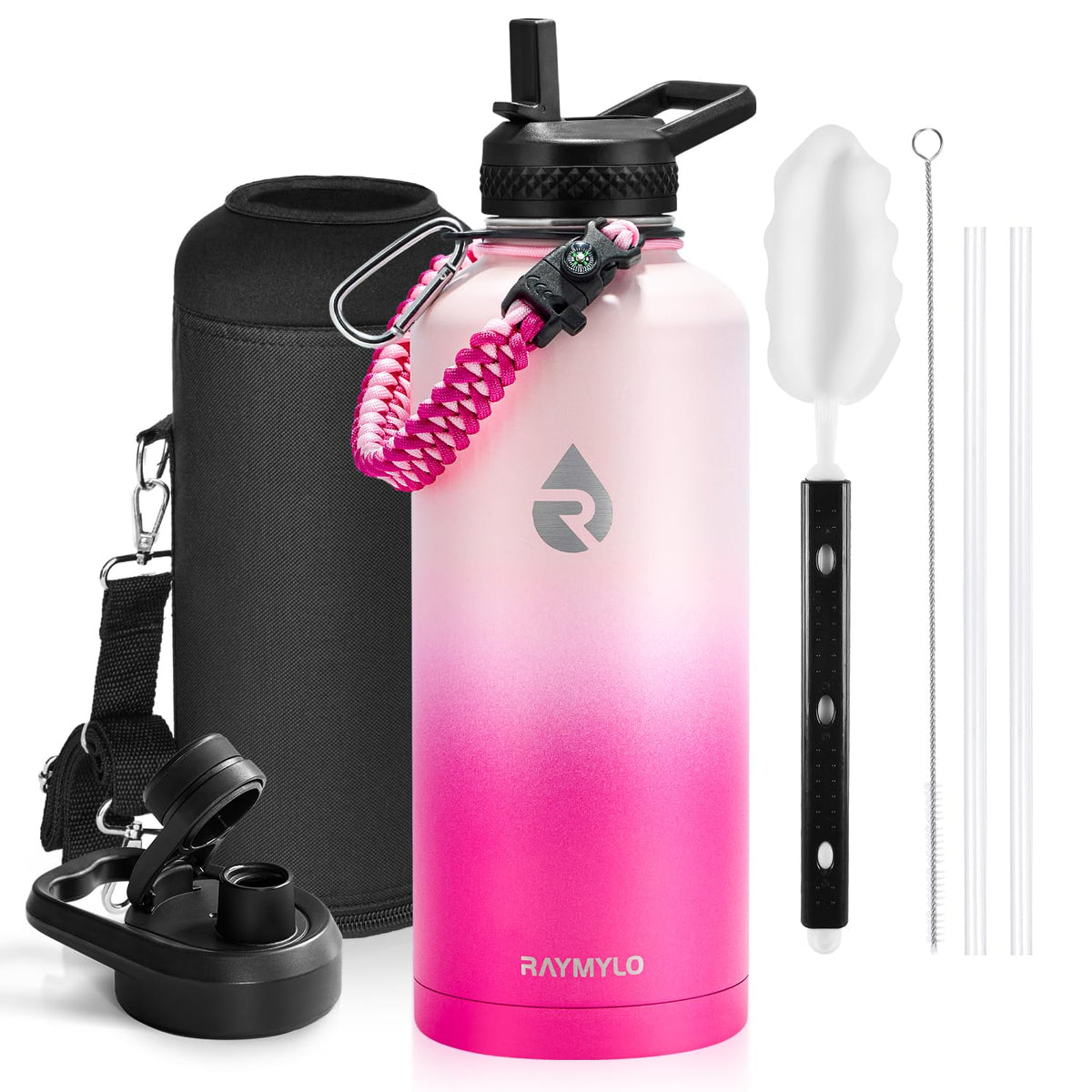 RAYMYLO Insulated Water Bottle 87 oz, Triple Wall Vacuum Stainless Steel (Cold for 48 Hrs), Leak Proof & Non-BPA, Modern Water Flask Jug with Paracord Handle & Straw Spout Lids, Ombre Pink