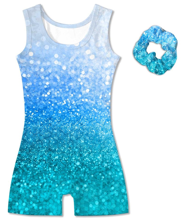 Vogseek Gymnastic Leotards for Girls 6 Years Blue Spakle Dots Tumbling Outfits with Matching Scrunchie 2 Piece Quick Dry Sleeveless Classic Dance Unitards Size 7