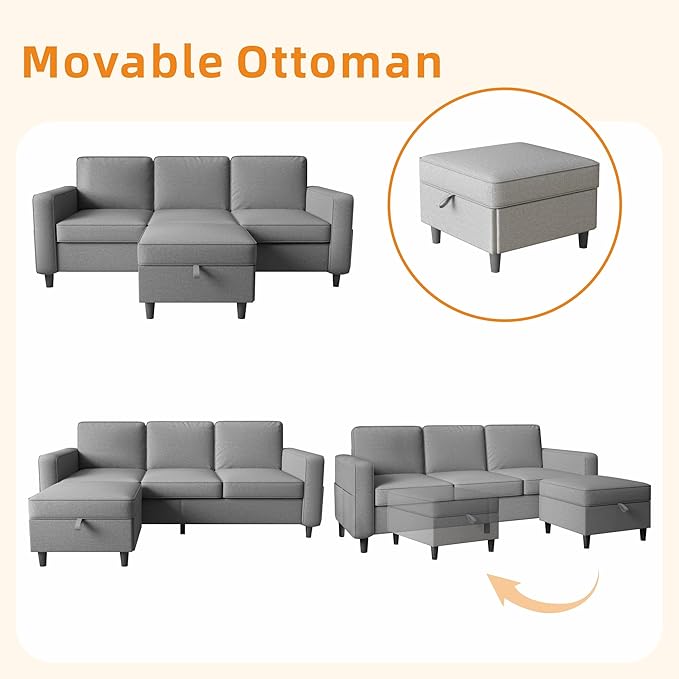 Sectional Sofa Couches for Living Room, 78'' Light Grey 3 Seater L-Shaped Couch with Storage Ottoman, Comfy Fabric Convertible Sectionals Sofas with Chaise for Apartment, Office, Small Space