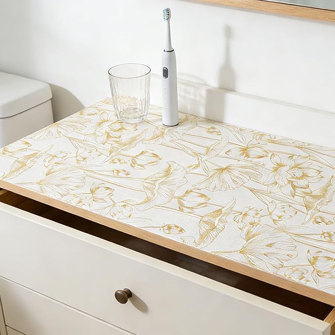 Shelf Liners Non Adhesive Light Base Gold Lotus Pattern - Thickened Non-Slip Easy to Clean Drawer Liner for Kitchen Cabinets, Tool Box, Refrigerator, with Knife & Tape Measure, 17in x 20FT