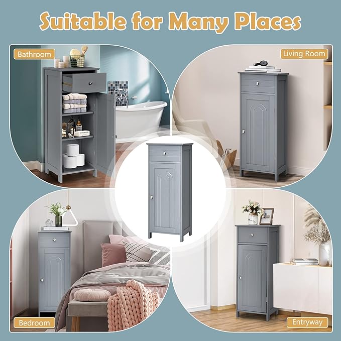 COSTWAY Bathroom Storage Cabinet, Single Door Floor Cabinet with Drawer and 3-Level Adjustable Shelves, Modern Side Storage Organizer with Anti-Tipping Device for Living Room, Bedroom (Gray)