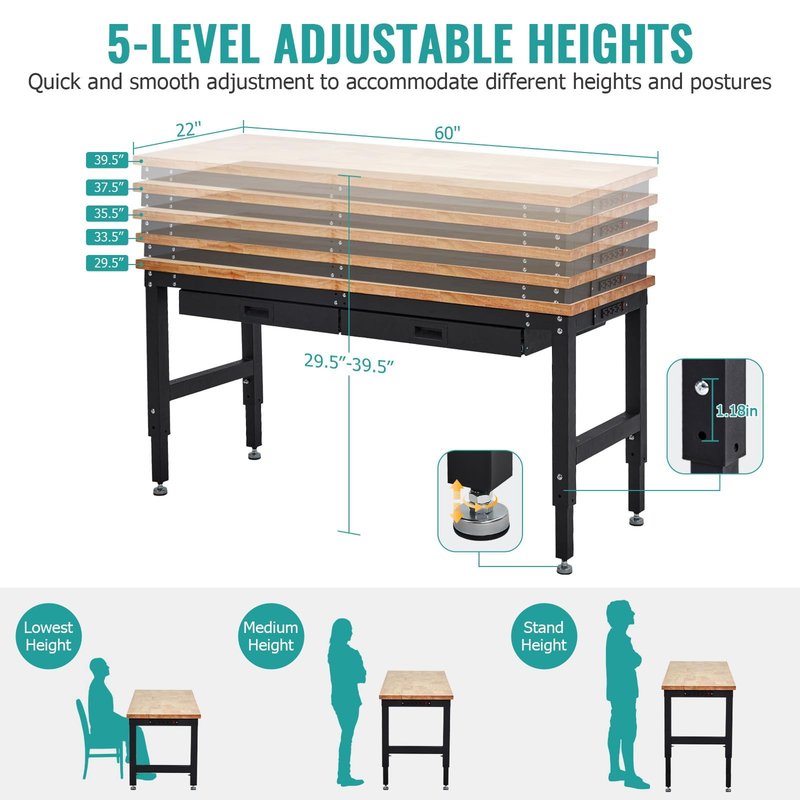 60" Adjustable Workbench, 3000 Lbs Capacity Heavy-Duty Work Bench Table with Power Outlet & Pegboard, Rubber Wood Top Garage Work Table with 2 Drawers & Pegboard for Workshop, Garage, Office