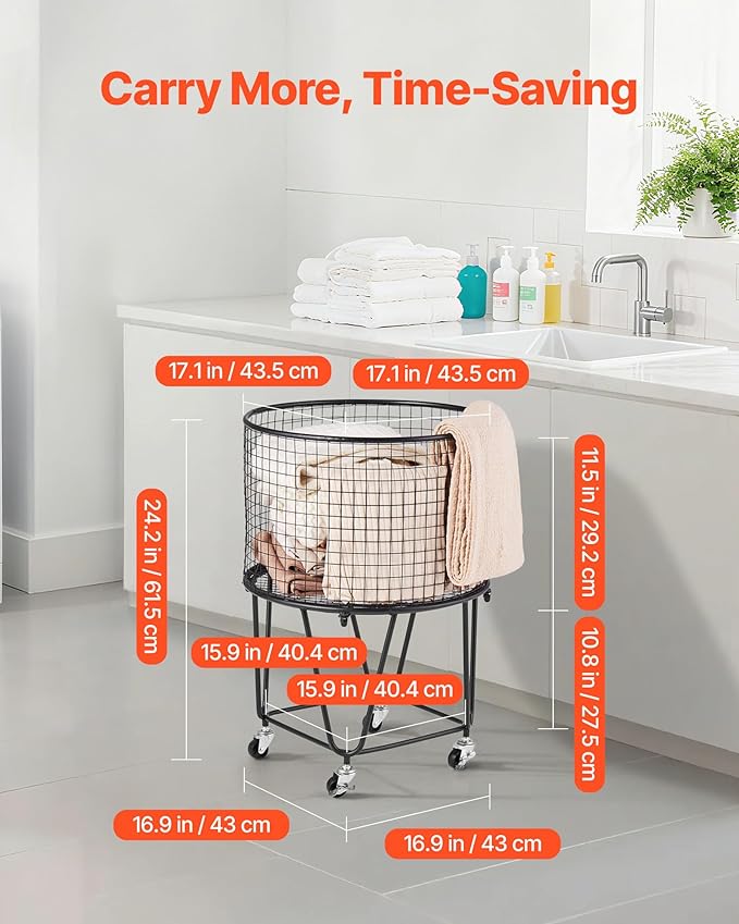 VEVOR Laundry Basket with Wheels, Metal Storage Cart Deep Set Rolling Mesh Laundry Hamper, 60 LBS Large Load Capacity, 17" x 17" x 24", Black