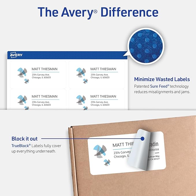 Avery Printable Shipping Labels with Sure Feed,2" x 4" Customizable Stickers,White,1,000 Blank Mailing Labels,Great for Mailing,Shipping,and More (5163),(Pack of 5)