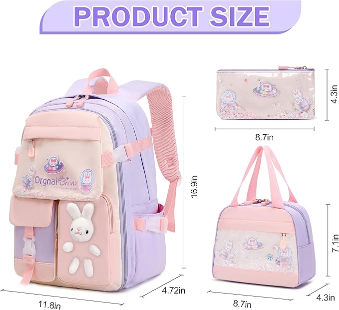 Girls Backpack Set, 3PCS Kids Backpack for Girls, Kawaii Bunny School Backpacks for Girl Kindergarten Elementary Preschool Middle School Bags with Lunch Box Pencil Case Purple