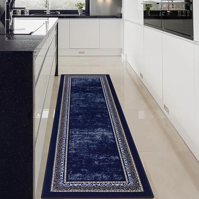 Antep Rugs Alfombras Bordered Modern 2x5 Non-Slip (Non-Skid) Low Pile Rubber Backing Kitchen Area Runner Rug (Navy, 2' x 5')