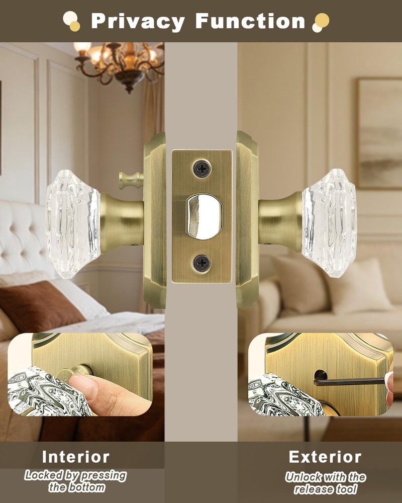 Gobrico Transparent Glass Door Knobset Interior,Privacy Diamond Crystal Door Lockset in Antique Brass,Keyless for Interior Bath/Bed,Push Pin Button Inside Lock?1 Pack