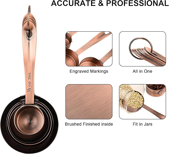 Nstezrne Copper Measuring Cups and Spoons Set, Stainless Steel Measuring Cups and Spoons Set 12, Metal Measuring Cups Set, 5 Measuring Cup Set and 6 Copper Measuring Spoons &Leveler for Kitchen