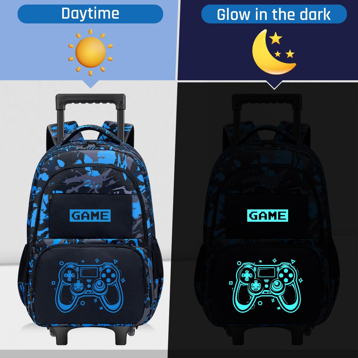 Fitvc Boys Rolling Backpack for Kids - Glow in The Dark Kids Rolling Backpack with Wheels for Elementary Middle School - Gamer Roller School Bookbag Aged 6-18, Wheeled Travel Bag Large Capacity