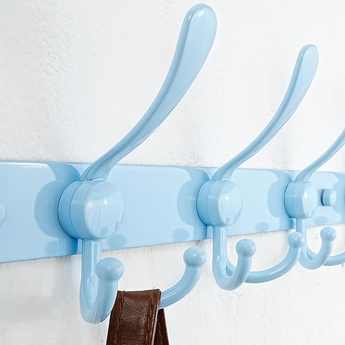 Dseap Coat Rack Wall Mount - 29.5” Long 8-Tri-Hooks Heavy Duty Coat Hanger Rail Wall Hooks for Hanging Coats Hats Clothing Clothes Purse Mudroom Entryway, Blue, Pack of 2