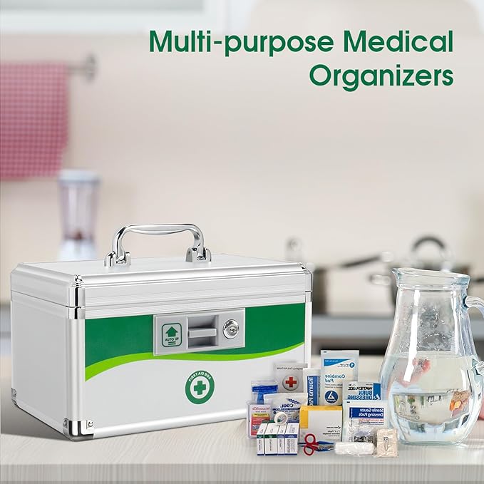 Medicine Lock Box with Keys, Medication Storage Lock Box, (Size-Small 10 * 6.9 * 6.9inch) First Aid Safe Layered Aluminum Daily Medicine Lockable Box with Key