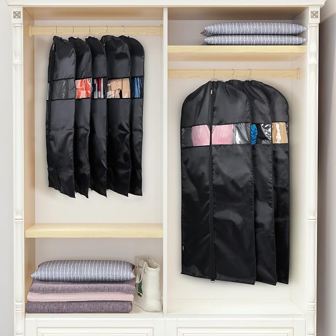 Univivi 8 Pack Suit Bags 43" Waterproof Black Garment Bag, Coat Covers from Dust with Zipper and Transparent Window, for Hanging Clothes, all coats, suits, women shirts, tuxedos, uniforms, winter
