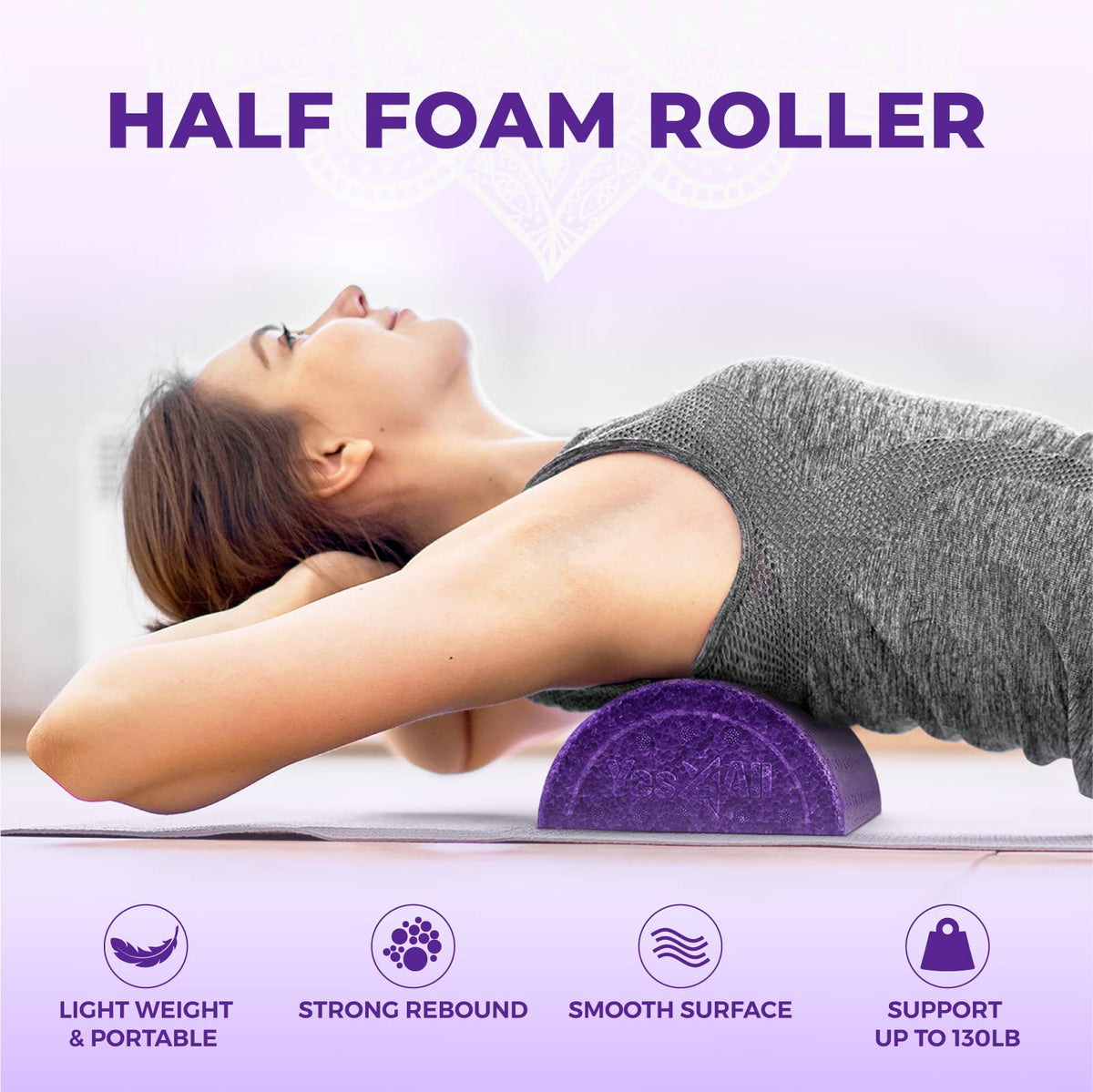 Yes4All Half Foam Roller, EPP High-Density Material, High Firmness Level, Back Roller for Athlete & Professional, Suitable for Back, Stretching, & Pilates, 12/18/24/36 inch, Purple, 12 inch