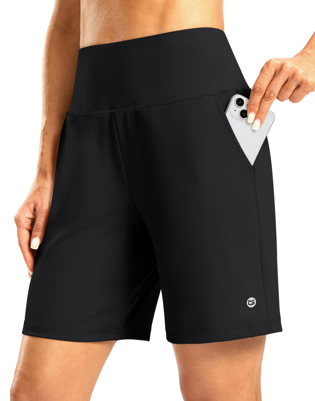 G Gradual Women's Athletic Shorts with Zipper Pocket 7" High Waisted Stretchy Bermuda Shorts for Women Workout Running Casual(Black,L)