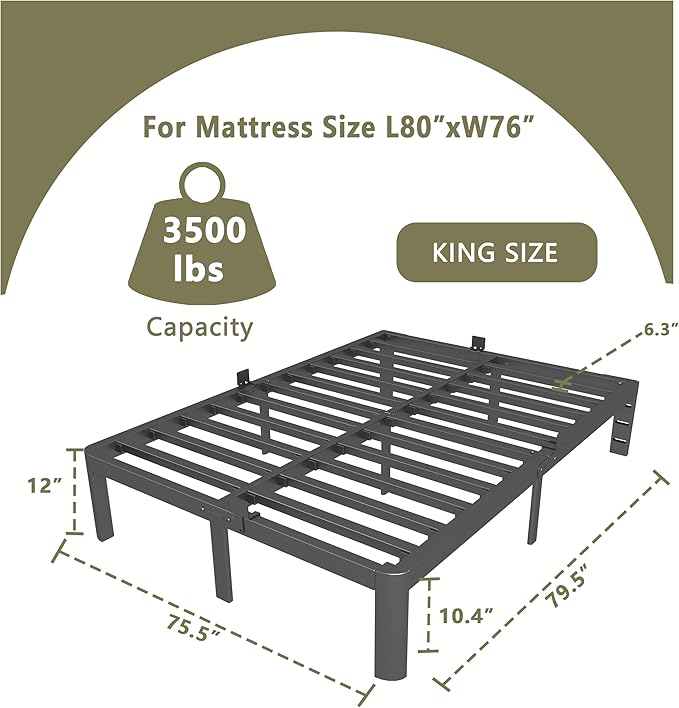 ITIMIDI 12 Inch King Size Bed Frame, Heavy Duty Mattress Foundation and DIY Headboard, Safety Design with Rounded Corner Legs, King Platform Bed Frame, No Box Spring Needed, Noise Free, Black