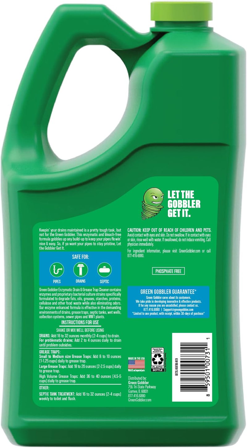 Green Gobbler Enzyme Drain Cleaner | Controls Foul Odors & Breaks Down Grease, Paper, Fat & Oil in Sewer Lines, Septic Tanks & Grease Traps | 1 Gallon