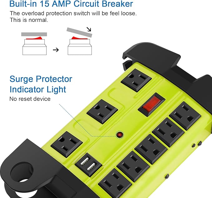 Heavy Duty Power Strip with USB, Workshop 8 Outlet Surge Protector 2700 Joules, Green Industrial Metal 15Amp Power Strip, 6 FT Extension Cord and Wide Spaced.