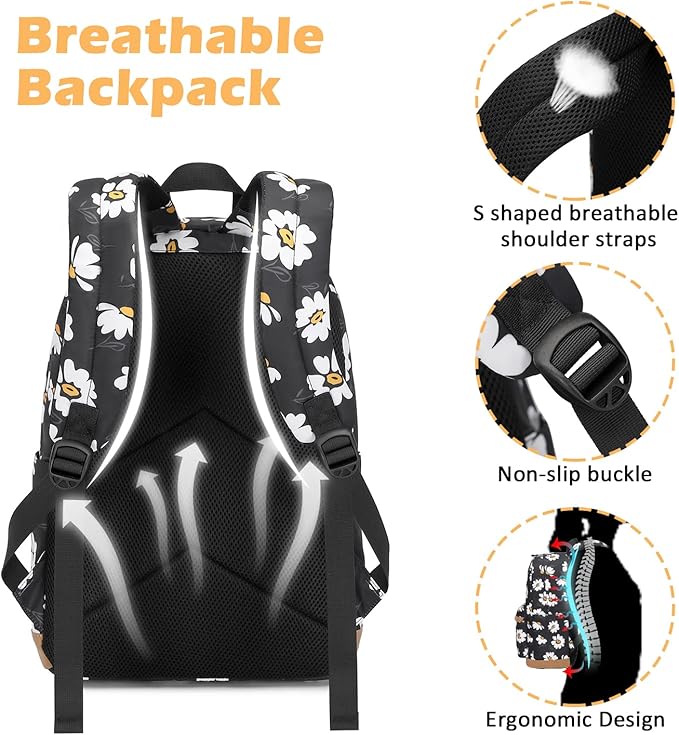 Girls Backpack with Lunch Box for Middle Elementary School,17 inch Kids School Backpack with Lunch Bag Set Black Daisy Lightweight