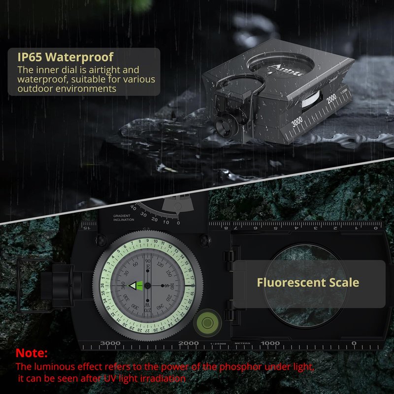 Anbte Compass Hiking Survival, IP65 Waterproof Metal Compass with Sighting Clinometer and Carry Bag, Multifunctional, Professional, for Camping Hunting Hiking Navigation, Black