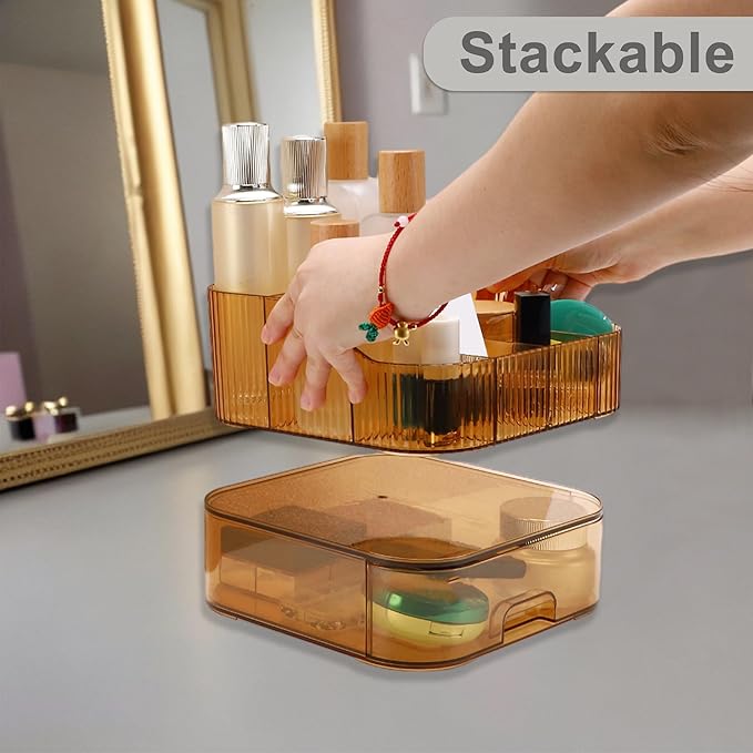VOCOSTE 1 Set Makeup Organizer with Stackable Drawer, 7 Grids Makeup Organizer for Countertop Vanity, Skincare Organizers Cosmetic Display Cases, Amber Orange