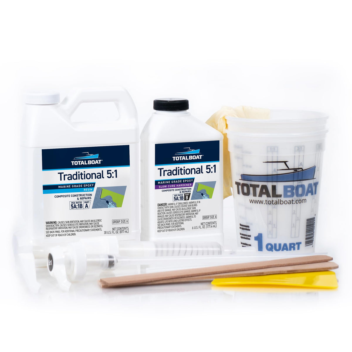TotalBoat 5:1 Marine Epoxy Resin Kit for Bonding, Filleting, Coating, and Laminating - Use for Fiberglass, Wood, Carbon Fiber, Boat Building, Repairs, Woodworking (Quart, Slow Hardener, Pumps)