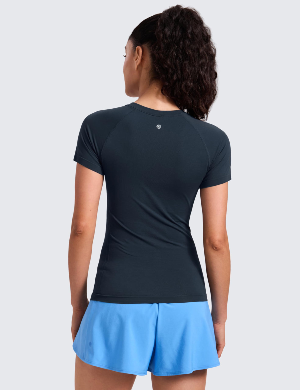 CRZ YOGA Seamless Workout Tops for Women Hip Length - Athletic Running Gym Yoga Short Sleeve Shirts Breathable Crewneck Tees Twilight Blue X-Large