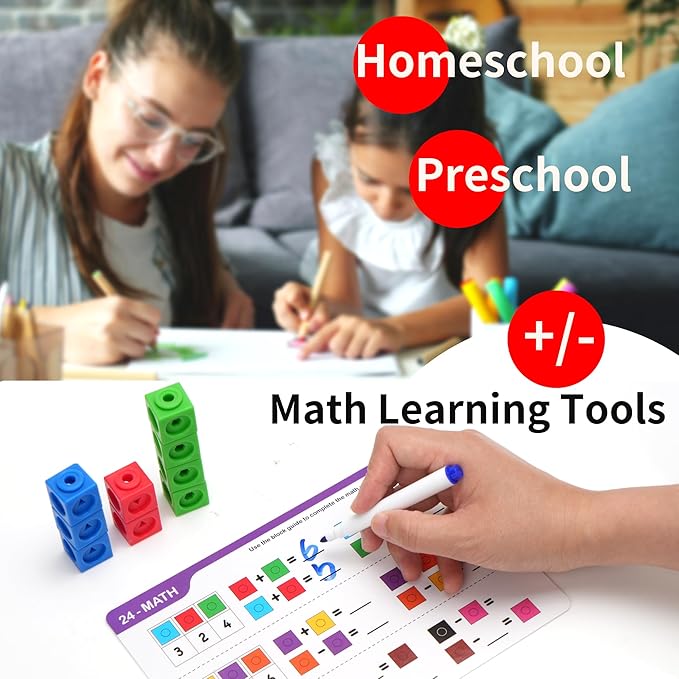 BenBen 100 pcs Math Cubes, 15 Activity Cards, Number Counting Blocks, STEM Educational Toy Gift, Homeschool Preschool Kindergarden Math Learning Supplies for Kids Ages 3-8