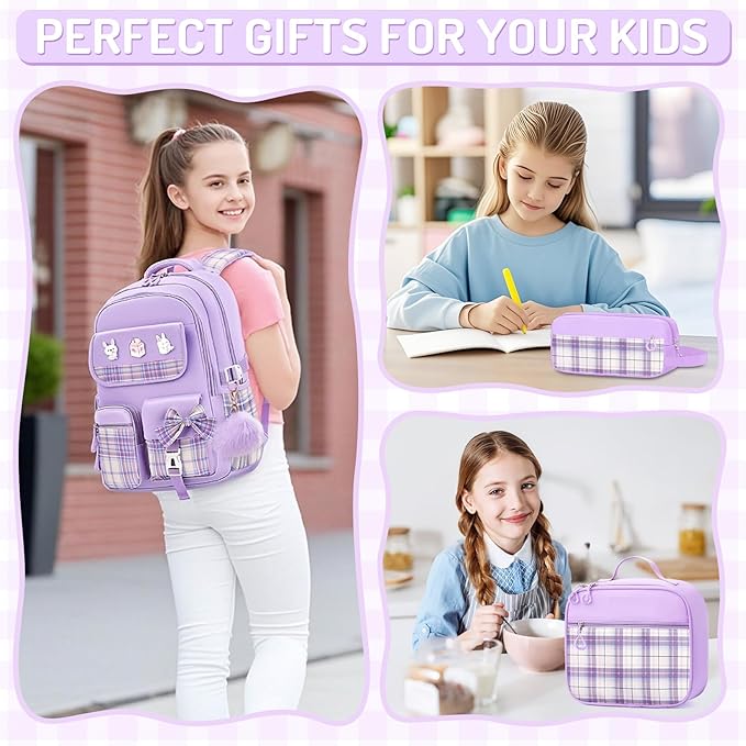 School Backpacks for Girl - 5PCS Cute Girls Backpack with Lunch Box Set for Kids Teens Elementary Middle School,18" Large Capacity Bookbag with Multiple Pockets,Perfect for Travel and School