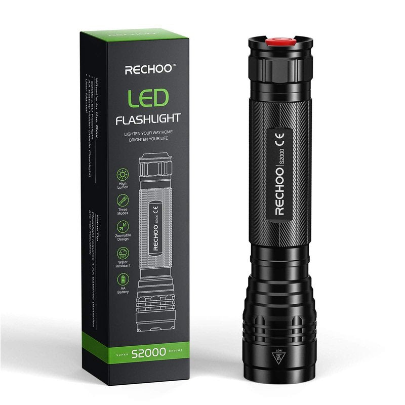 S2000 LED Tactical Flashlight 2000 Lumens | High Powered AA Battery Operated Flashlights with 3 Modes & Zoomable | IP67 Waterproof Powerful Handheld Flashlight for Camping, Emergency, Hiking (1 Pack)