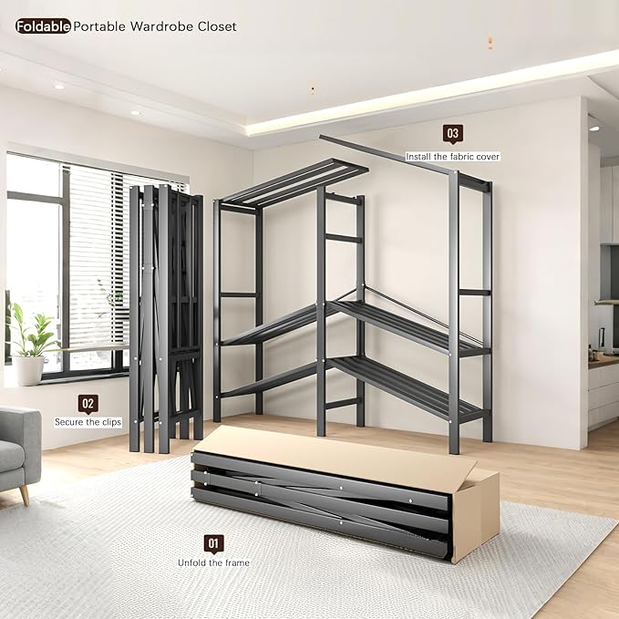 Foldable Portable Armoire Wardrobe Closet for Hanging Clothes Rack, Heavy Duty Covered Clothes Rack with Cover(HARDBOARD Magnetic), Closet Garment Rack for Bedroom Storage (KT Off-white, 66.14in)