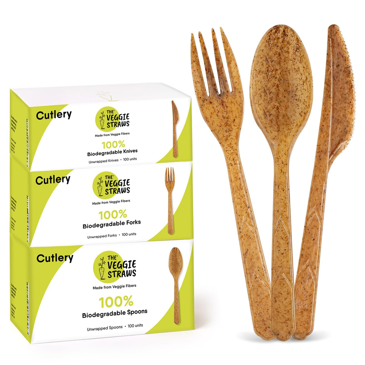 100% Biodegradable Cutlery Made of Vegetable Fibers, 300 PCS of 6.7” Long Heavy-Duty and Splinter Free Eco-Friendly Spoons, Forks & Knives, Perfect Sustainable Cutlery by The Veggie Straws