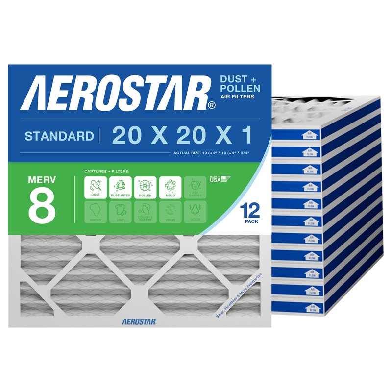 Aerostar 20x20x1 MERV 8 High Efficiency Pleated Air Filter, 12-Pack, Electrostatic AC Furnace HVAC Replacement, Captures Dust Pollen Pet Dander Mold Lint (19.75x19.75x0.75)