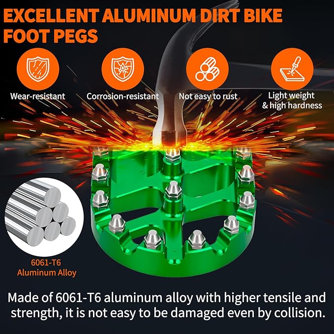 Nilight Motorcycle Foot Pegs Dirt Bike Footpegs Fit for Kawasaki KLX110 2002-2023 KLX110L 2010-2023 KX60 1998-2003 CNC Foot Pegs for Motorcycles Heavy Duty Aluminum Alloy Foot Rests, Green
