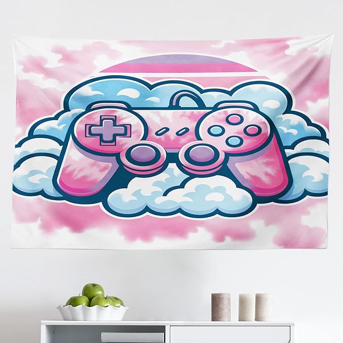 Ambesonne Pink Tapestry, Girly Gamer Concept Design with a Controller and Clouds on a Soft Tie Dye Sky, Fabric Wall Hanging Decor for Bedroom Living Room Dorm, 45" X 30", Purple Pale Blue