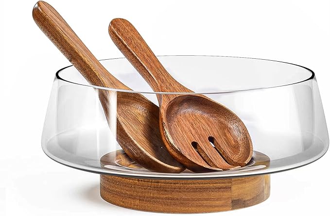 Extra Large Glass Salad Bowl Set - Party Salad Bowls with Acacia Wood Base and Serving Utensils - Elegant and Practical Kitchen Must-Have
