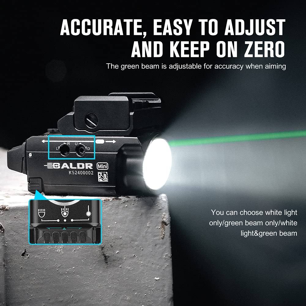 OLIGHT Baldr Mini 600 Lumens Rechargeable Weaponlight with Green Beam and White LED Combo, Magnetic USB Compact Tactical Flashlight with Adjustable Rail for G19, G45, Sig P320, and so on(Black)