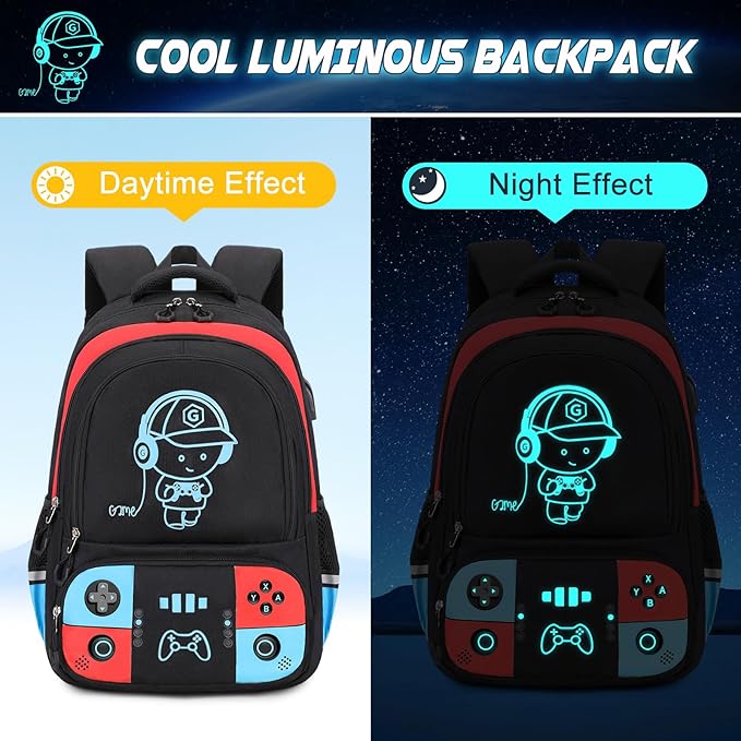 Bevalsa Backpack for School Boys, Cool Luminous Gamer Boys Backpack with Lunch Box & Pencil Pouch Set for Kids Children Teens Elementary Middle Schools, Schoolbag Bookbag Glow In The Dark (Red Blue)