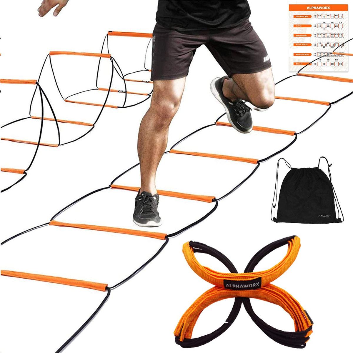 ALPHAWORX Agility Ladder, Agility Training Equipment, Soccer Speed Ladder, Football Footwork Ladder, Workout Ladder for Kid Adult, Foldable Instant Set-up & Tangle-Free & Carry Bag (4 Rung * 3)